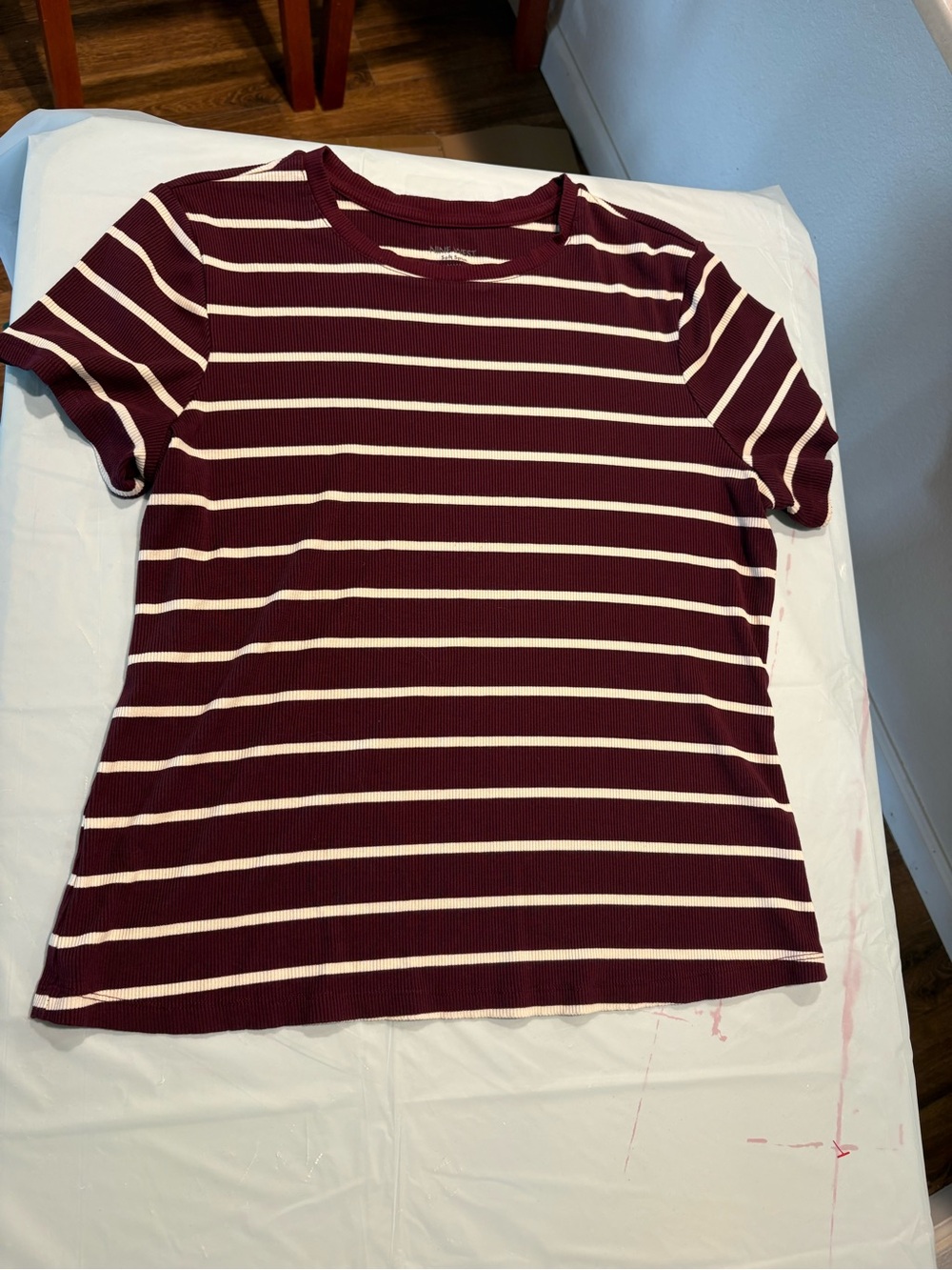 Nine West Burgundy and Cream Striped Ribbed Short-Sleeve Tee